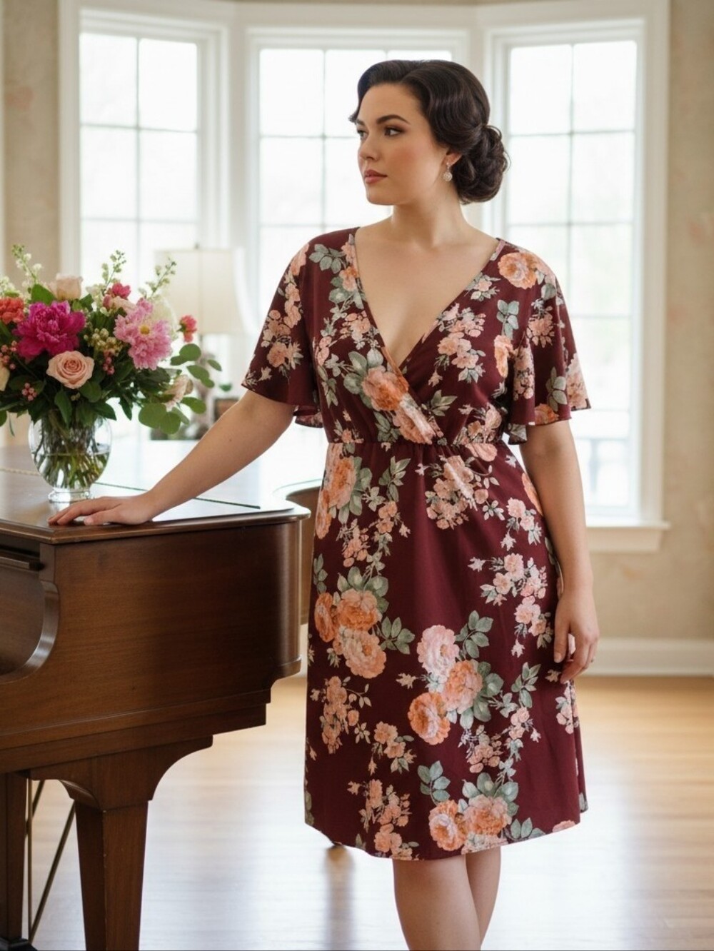 SHEIN Classic Burgundy & Peach Floral Lightweight V-Neck Mini Dress Size 1XL